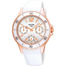 Ladies Pulsar Rose Gold Tone Stainless Steel White Dial Chronograph Watch