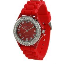 Ladies Red Silicone Watch w/ Crystals on Silver Bezel - Sterling Silver - Silver - One Size