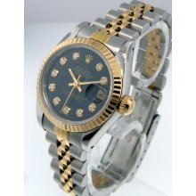 Ladies Rolex 18k Yellow Gold Steel Datejust Black Diamond Dial