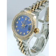 Ladies Rolex 18k Yellow Gold Steel Datejust Cobalt Blue Dial Diamond Bezel