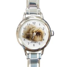 Ladies Round Italian Charm Bracelet Watch Pekingese Dog Pet Gift model 30222520