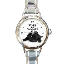 Ladies Round Italian Charm Bracelet Watch Black Pug Gift model 30314953