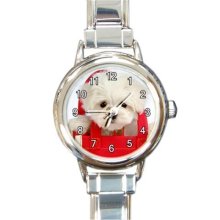 Ladies Round Italian Charm Watch White Puppy Dog Pet Gift model 30350838