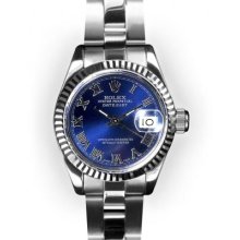 Ladies Stainless Steel Oyster Blue Dial Fluted Bezel Rolex Datejust