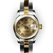 Ladies TwoTone Oyster Champagne Roman Dial Fluted Bezel Rolex Datejust