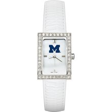 Ladies University Of Michigan Watch with White Leather Strap and CZ Accents