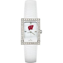 Ladies University Of Wisconsin Watch with White Leather Strap and CZ Accents