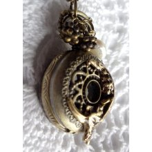 Lady in the moon pocket watch pendant with cream fresh water pearls on bronze chain