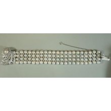 Lady's 14 Karat White Gold, White Pearl And Diamond Vintage Bracelet Watch