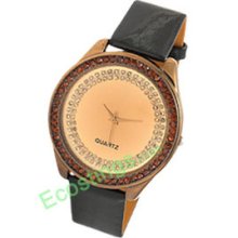 Lady's Jewelry Big Round Dial Leather Band Dress Watch