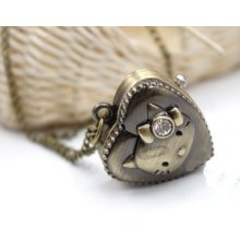 Large Retro Cute Kitty Carved Love Heart Shape Pocket Watch Necklace