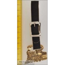 Leather Strap Pocket Watch Fob, Fancy Gold-toned Steam Engine Shield