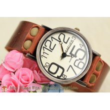 Leather Women Watch Men Wrist Watch Silver Face Big Number WH5