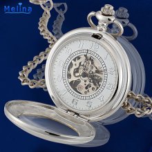 ^lens Sparkling Silver Engraved Case White Dail Skeleton Mechancial Pocket Watch