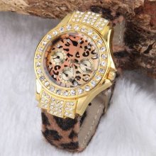 Leopard Prints Crystal Rhinestone Leather Band Wrist Watch