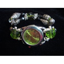 Lime Green Glass and Silver Beaded Watch