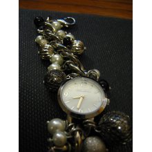 Liz Claiborne Black Ivory Silver Beads Stainless Steel Bracelet Women Watch