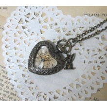 Love heart pocket watch - with white rabbit pendant