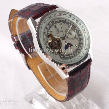 Low Price Seethrough Back 24-hour Mark Leather Automatic Mechanical