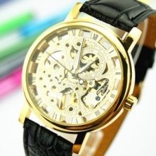 Luxury Automatic Steel Skeleton Mechanical Watches For Men Black/coffee Leather