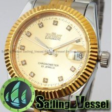 Luxury Classical Golded Crystal Automatic Mechanical Mens Wrist Watch + Date