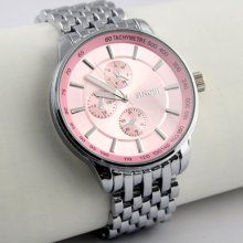 Luxury Elegant Pink Steel Alloy Men Watch Quartz Sport Hour Clock Tachymetre