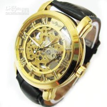 Luxury Gold Tone Skeleton Mechanical Mens Watch Vegan Hot