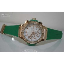 Luxury Mens White Dial Gold Chronograph Diamond Big Bang Green Rubbe