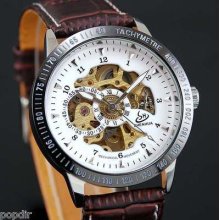 Luxury Skeleton Men Sport Casual Auto Mechanical Wrist Watch Brown Leather Clock