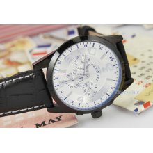 Luxury White 24hrs 3-subdial Quartz Hq Mens Business Watch Genuine Leather Gift