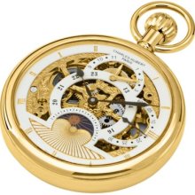 Mechanical Moon Phase Skeleton Pocket Watch Gold Plated Dual Time With Gift Box