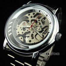 Men Hollow Transparent Dial Stainless Steel Band Automatic Mechanical Watch