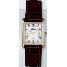 Men`s Quartzline Gold Watch W/ Rectangle Dial & Long Brown Leather Strap