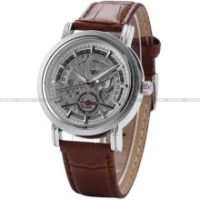 Men Skeleton Automatic Mechanical Brown Leather Sport Wrist Watch Dailyetrade