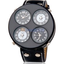 Men's 4 Piece Quartz Movement Analog Watch with Faux Leather Strap (Black)