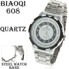 Mens Biaoqi Stainless Steel Analog Quartz Chrome Watch W/white &black Face