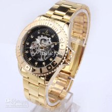 Men's Black Skeleton Face Cz Index Stainless Steel Mechanical Watch