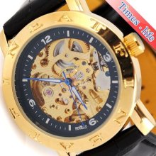 Mens Deluxe Golden Hollow Skull Watch Auto Selfwind Mechanical Leather