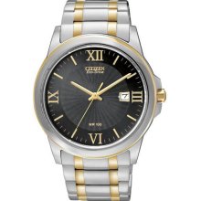 Men's Eco-Drive Two Tone Stainless Steel Case and Bracelet Black Dial Date Displ