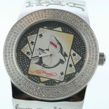 Men's Ed Hardy Deh White & Black Diamond Card Shark Stainless Steel Watch