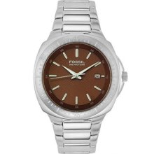 Mens Fossil Silver Steel Brown Date Watch Am3928