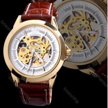 Men's Golden Case Auto Skeleton Mechanical White Dial Sport Wrist Watch