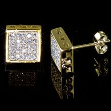 Mens Ladies 14K Yellow Gold Finish Lab Diamond 3D Square Earring Stud 8mm - Gold Plated - Gold