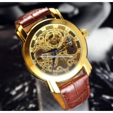 Mens Mechanic Leather Black&gold Waterproof Wristwatch