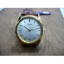 Mens Seiko Gold Tone Dress Watch Original Leather Band Silver Guilloche Dial