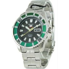 Men's Stainless Steel Seiko 5 Sports Automatic Black Dial Day Date Green Bezel