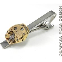 Men's Steampunk Tie Clip - Steampunk Wedding Accessory - Gold on Silver - Mechanical Watch Movement Tie Clip Mens Accessory