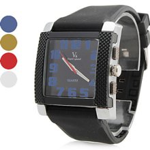 Men's Steel Square Plate Silicone Style Analog Quartz Wrist Watch with Black Face (Black)