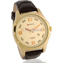 Men's Stylish Water Resistant Analog Watch with PU Leather Strap (Golden)