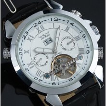 Mens Tourbillon Leather Automatic Mechnical Elegant White Men's Wrist Watch Date